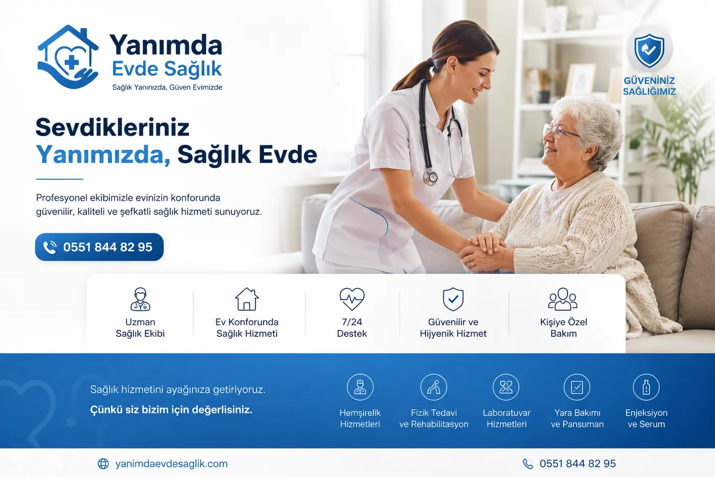 Yanımda Evde Sağlık — hemşire evde yaşlı hastanın elini tutarken, 7/24 evde sağlık hizmeti