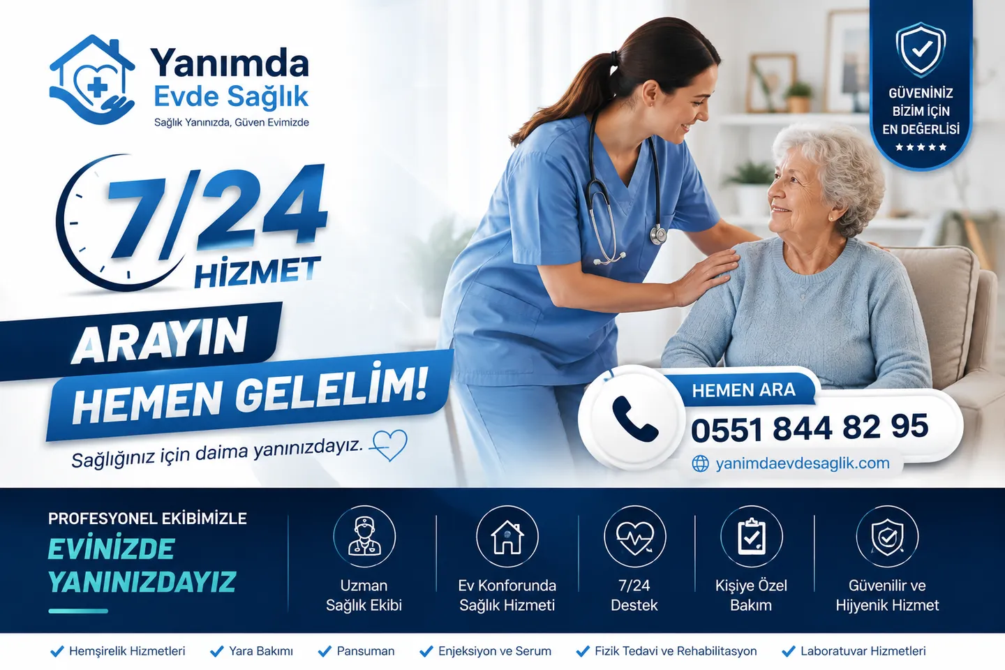 7/24 evde sağlık hizmeti — hemşire evde hasta ziyaretinde, arayın hemen gelelim
