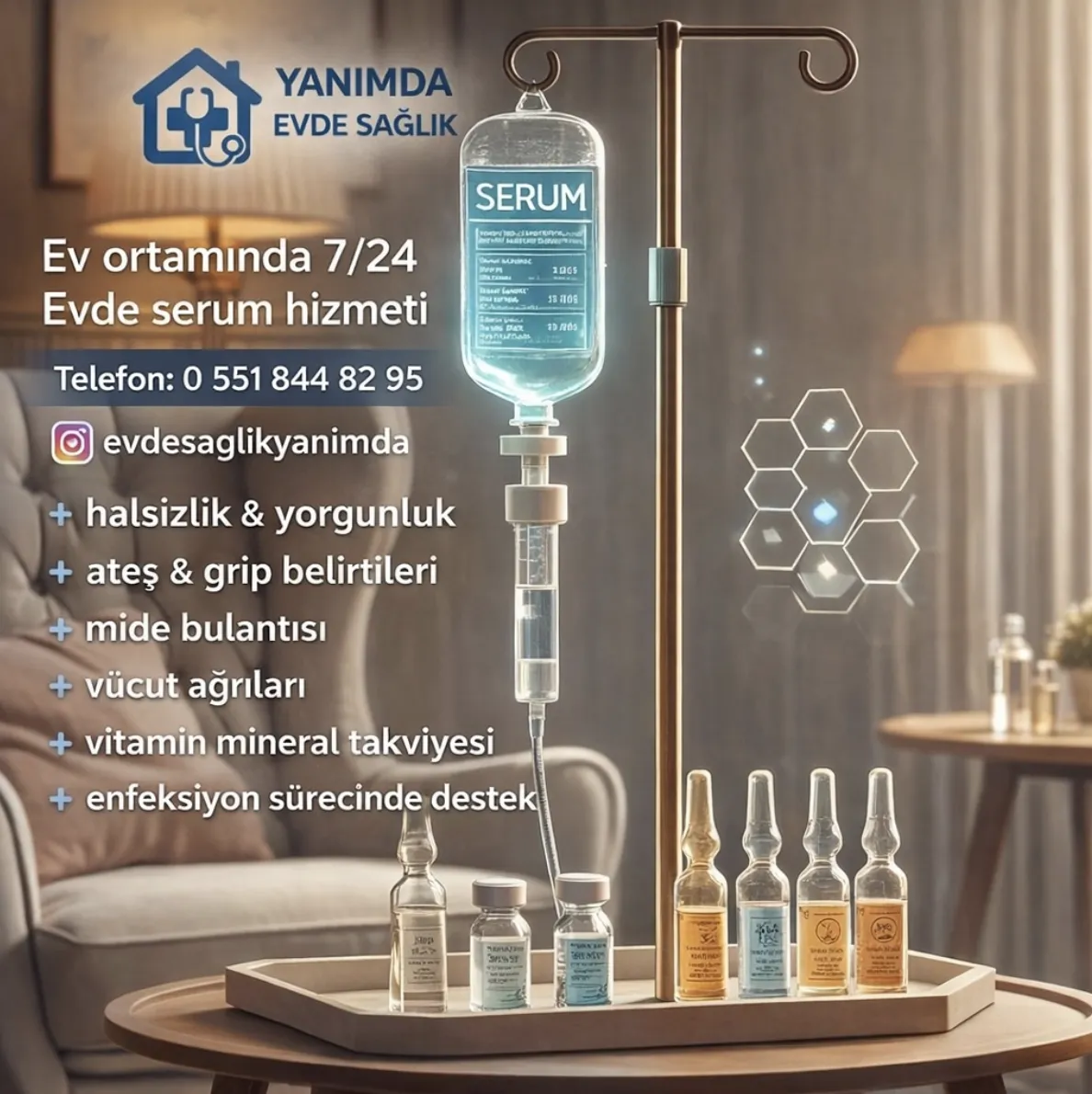 Ev ortamında 7/24 evde serum hizmeti — halsizlik, ateş, mide bulantısı ve vücut ağrıları için serum