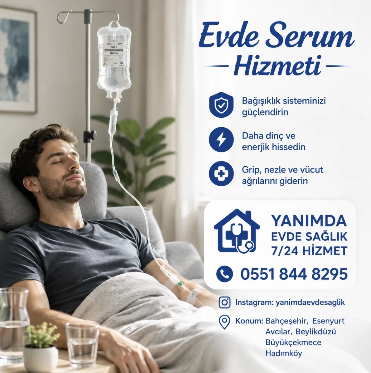 Evde serum hizmeti — hastaya evinde serum takılırken, bağışıklığı güçlendiren destek tedavisi