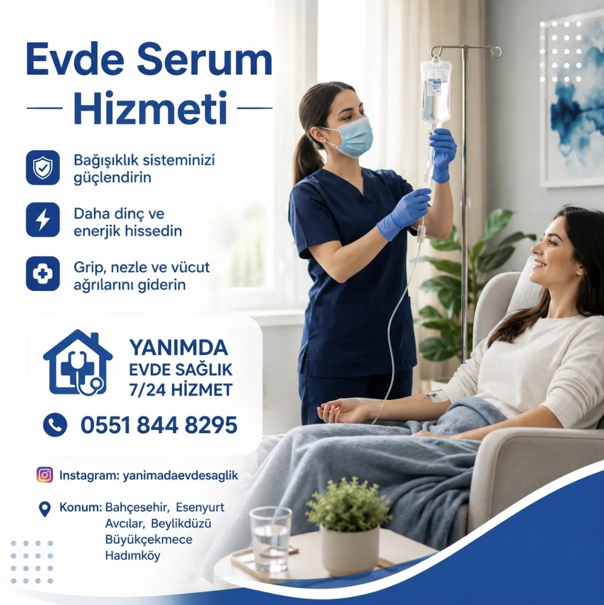 Evde serum yaptır — hemşire evde serum uygulaması yaparken, grip ve nezle için destek